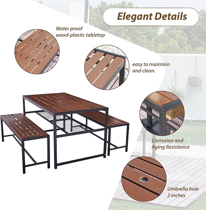 55'' Outdoor Picnic Table and Bench Set with 2" Umbrella Hole and Storage Shelf, Patio Dining Set for 6 People, Outdoor Dining Table and Chair for Garden Yard Porch- Brown