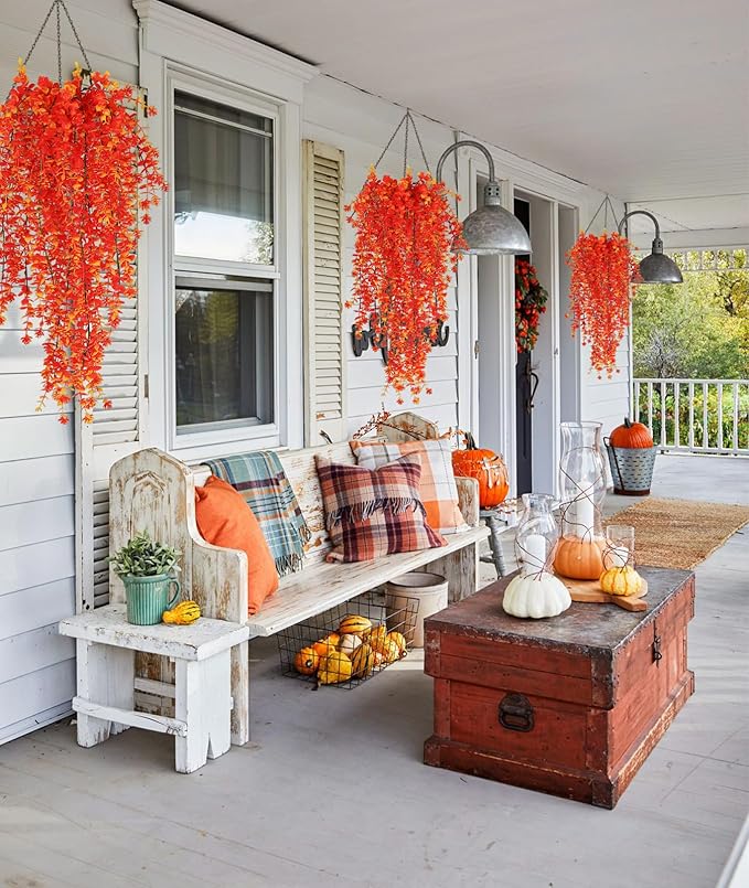 Artificial Hanging Plants Fall Faux Eucalyptus Leaf Fall Fake Hanging Plants Fall Hanging Vines Artificial Fall Flowers Faux Autumn Plants for Thanksgiving Indoor Outdoor House Wedding Party(Gold)