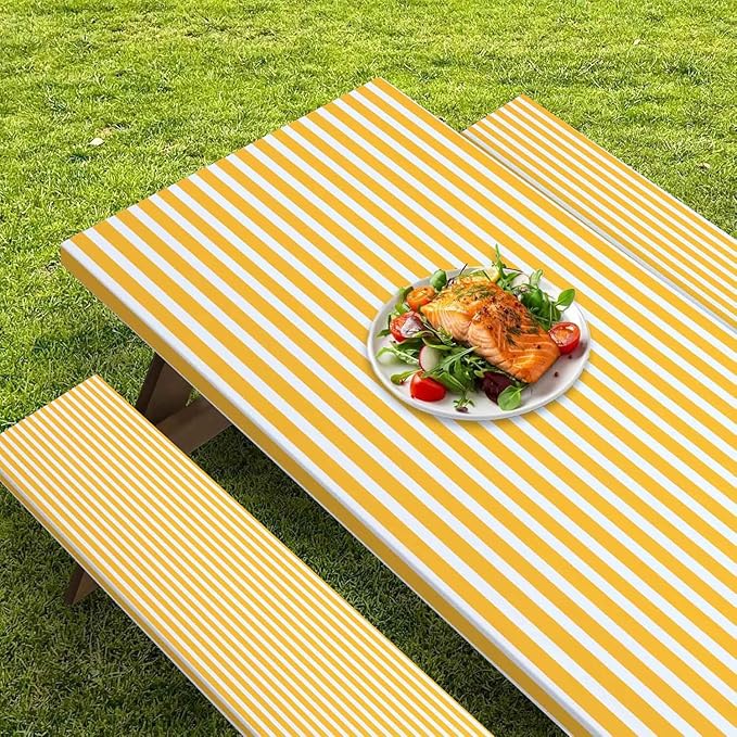 CAPSCEOLL Elastic Picnic Table Cover with Bench Covers 5Ft Waterproof Fitted Picnic Table Cover Cloths for Outdoors Camping Tablecloth with Drawstring Bag, 60X30in, Orange White