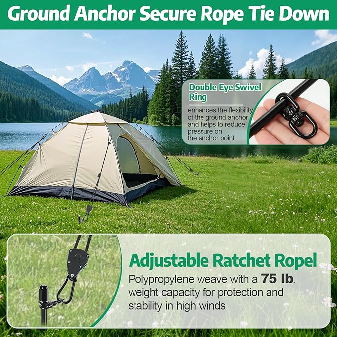 Tent Stakes Heavy Duty, 8 Pack 17.7" Ground Anchors Screw in, Trampoline Stake with 8 Adjustable RV Awning Tie Down Ratchet Straps for High Winds, Spiral Anchors Kit for Camping Swing Set Canopy Sheds