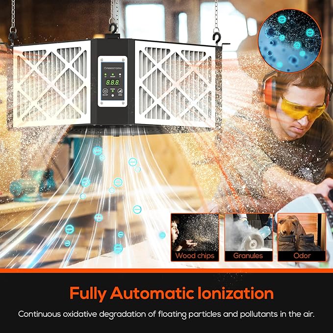 ABESTORM Air Filtration System Woodworking Built-in Ionizer, 1350CFM Hanging Air Filter with Strong Vortex Fan, 360 Degree Intake, Shop Dust Collector for Woodworking, Garage WorkShop, DecDust 1350IG