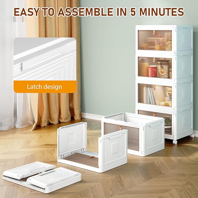 4 Tier Storage Bins with Lids, 23QT Stackable Closet Organizers and Storage with Wheels, Collapsible Storage Boxes, Foldable Plastic Storage Containers for Home,Office, Dorm Room-White