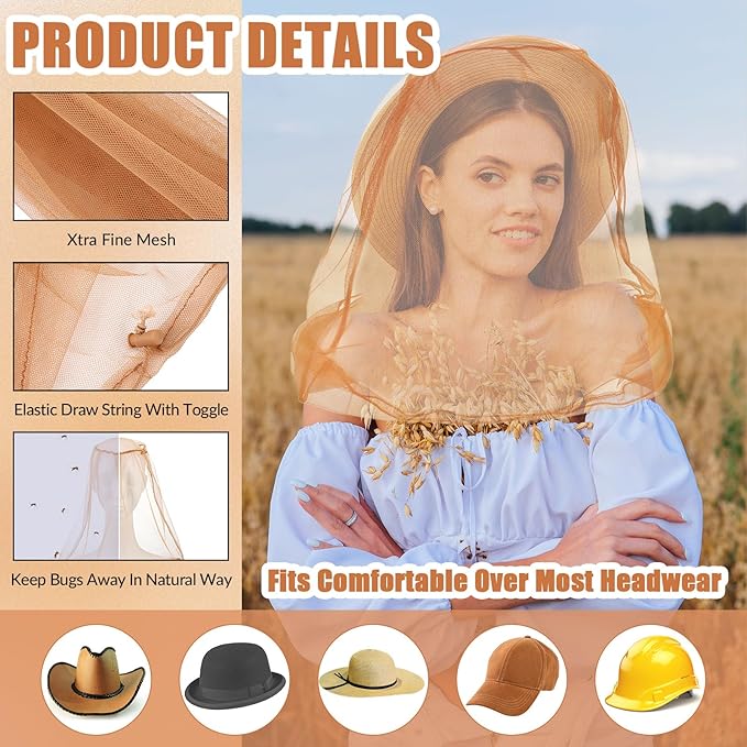 HESTYA 4 Pack Mosquito Head Net Face Mesh Protecting Net for Outdoor Hiking Camping Climbing Mosquito Fly Insects Preventing(Khaki)