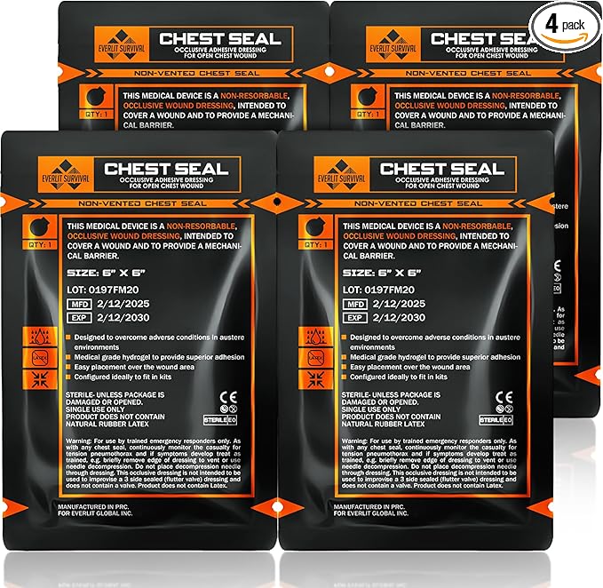 EVERLIT Occlusive Chest Seal Non-Vented Adhesive Dressing for Open Chest Injury and Sucking Chest Wound (4 Count)