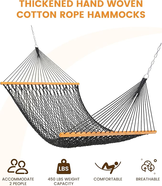 Lazy Daze Hammocks Double Rope Hammock, 2 Person Traditional Outdoor Hand Woven Cotton Rope Hammock with Spreader Bar, Chains, Tree Straps for Patio Yard - Max 450 Lbs, Dark Grey