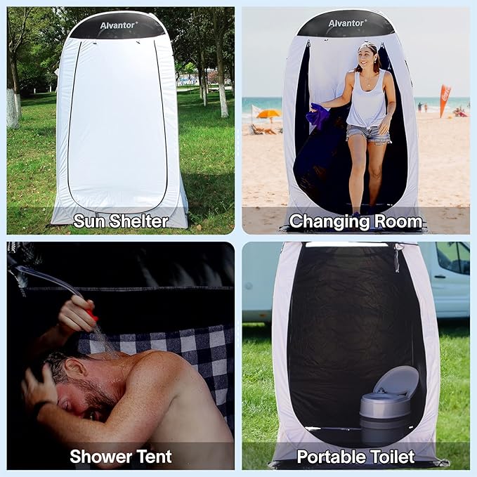 Alvantor Shower Tent Pop Up Changing Room Outdoor Shower Enclosure Pop Up Privacy Tent Toilet Tent Camping Dressing Portable Shelter Teflon Coating Fabric 4’x4’x7' Patent Pending, White
