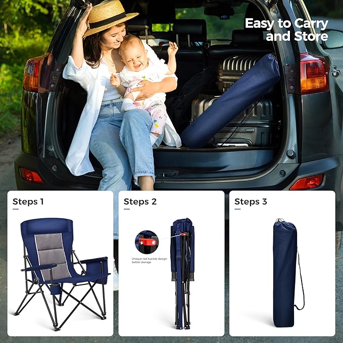 ALPHA CAMP Heavy Duty High Back Camping Chairs with Cup Holder Oversized Folding Chair Outdoor Chair with Headrest,Lawn with Side Pocket for Lawn, Sports and Fishing, 500lbs