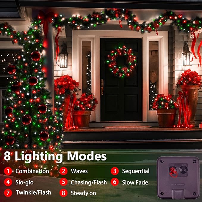 Extra-Long 144FT Solar String Lights for Outside, 2 Pack 400LED Solar Fairy Lights Outdoor, Waterproof Copper Wire with 8 Modes Twinkle Lights for Tree Garden Party Xmas Decor (Red White and Green)