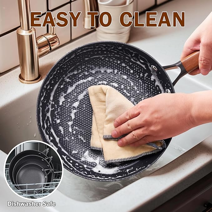 DM Cast Iron Skillet, 2 Piece Nonstick Frying Pan Set, 8 and 12 Inch with Detachable Acacia Wooden Handle, Honeycomb Non stick Omelet Egg Pan, Easy Clean Oven Safe Pans for Cooking