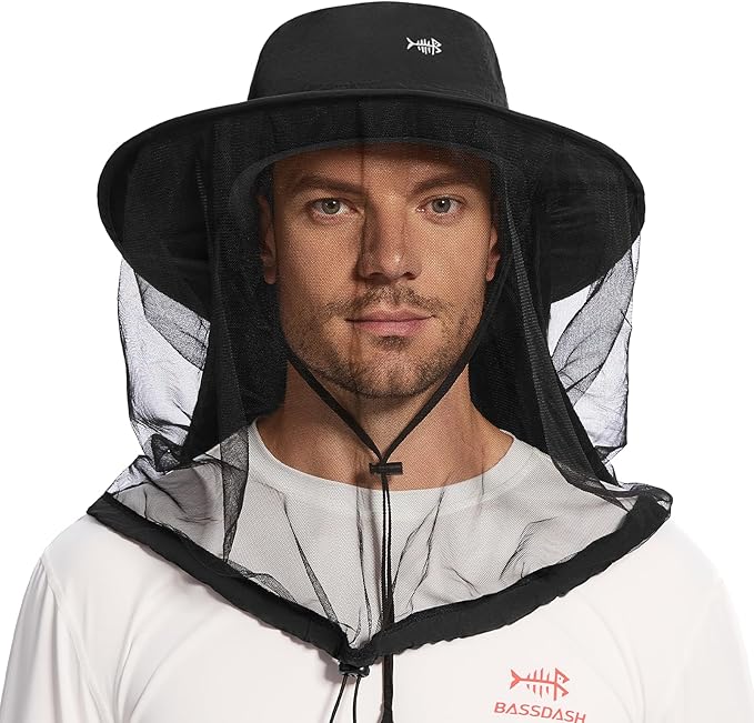 BASSDASH UPF 50+ Mosquito Net Hat with Stowable Neck Flap for Men Women Outdoor Fishing Hiking Camping Gardening FH17