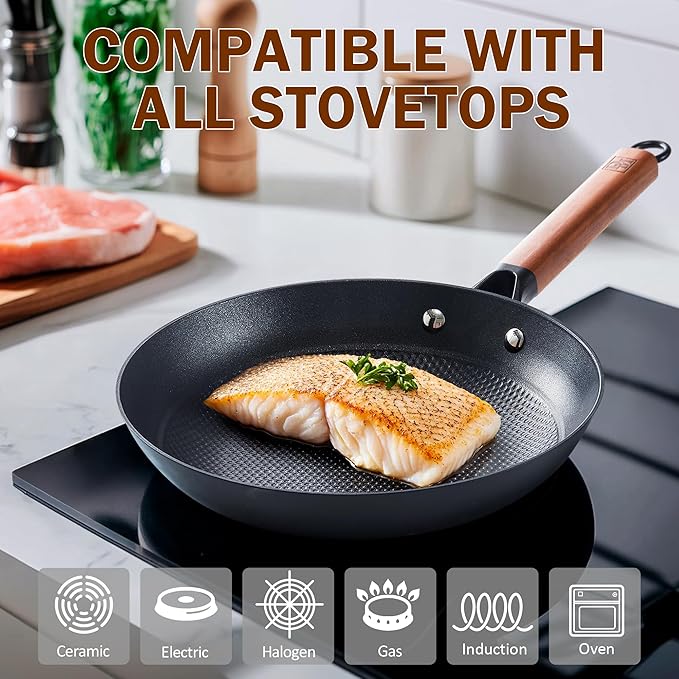 DM Cast Iron Skillet, 8 Inch Nonstick Frying Pan with Detachable Acacia Wooden Handle, Honeycomb Non stick Omelet Egg Pan, Easy Clean Oven Safe Pans for Cooking