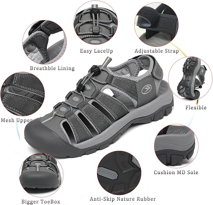 FLARUT Men's Athletic Sandals - Closed Toe Sport Hiking & Outdoor Walking Water Sandals with Anti-Slip Cushioning and Breathable Mesh