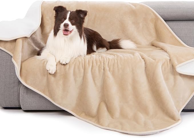 gogobunny Waterproof Bed Blanket, Reversible Sherpa Fleece Throw Blanket for Dog Puppy Cat, Furniture Cover Protects Bed Couch Sofa from Liquid Pee and Pet Fur (Beige, 60x80 inches)