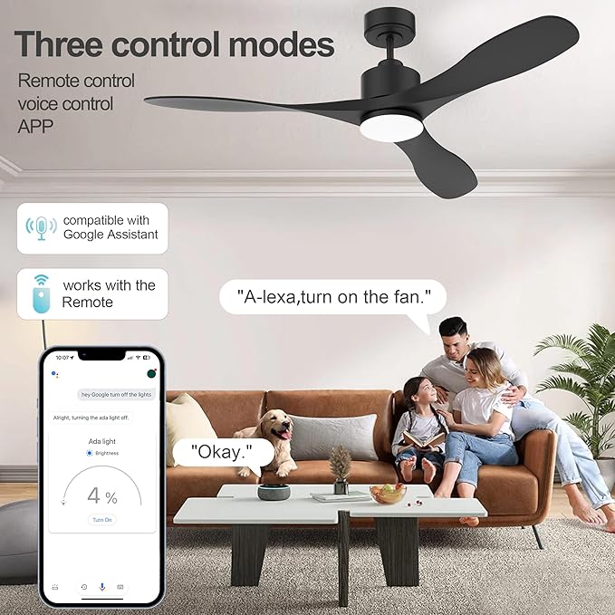 cumilo 52 Inch Smart Ceiling Fans with Remote,Quiet DC Motor,Dimmable,Control with Voice Alexa WiFi APP,Outdoor Indoor Black Ceiling Fan for Modern Bedroom Patio