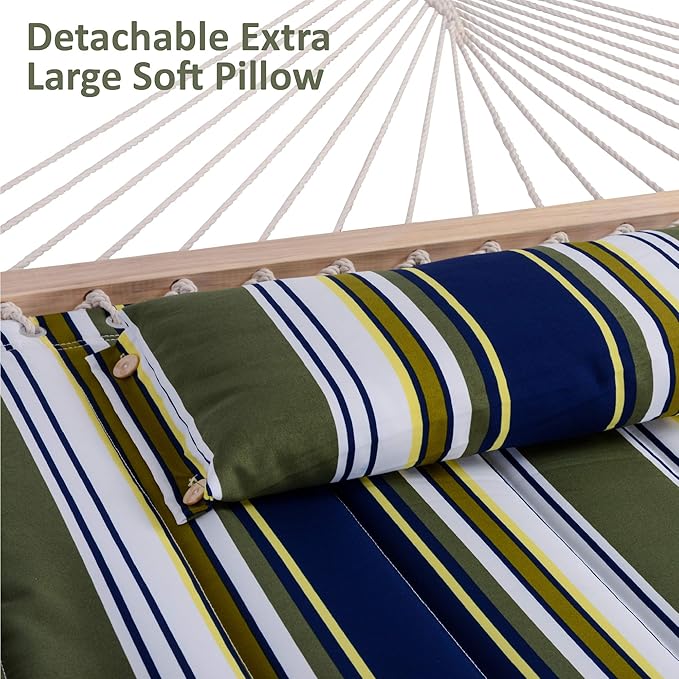 SUNCREAT Double Hammock, Extra Large Quilted Fabric Swing with Hardwood Spreader Bars & Detachable Pillow, Heavy Duty, Perfect for Indoor/Outdoor Patio, Deck, Yard, Blue&Aqua