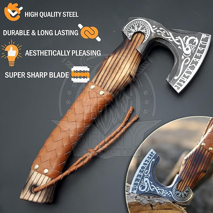 SHINY CRAFTS-Axes Handmade Viking Axe Hatchet Norse Axe-Valhalla Runic Axe Carbon Steel Viking Axe Head Engraved Handle Wolf Camp Axe Genuine Leather Sheath & Wrap (SCA 06)
