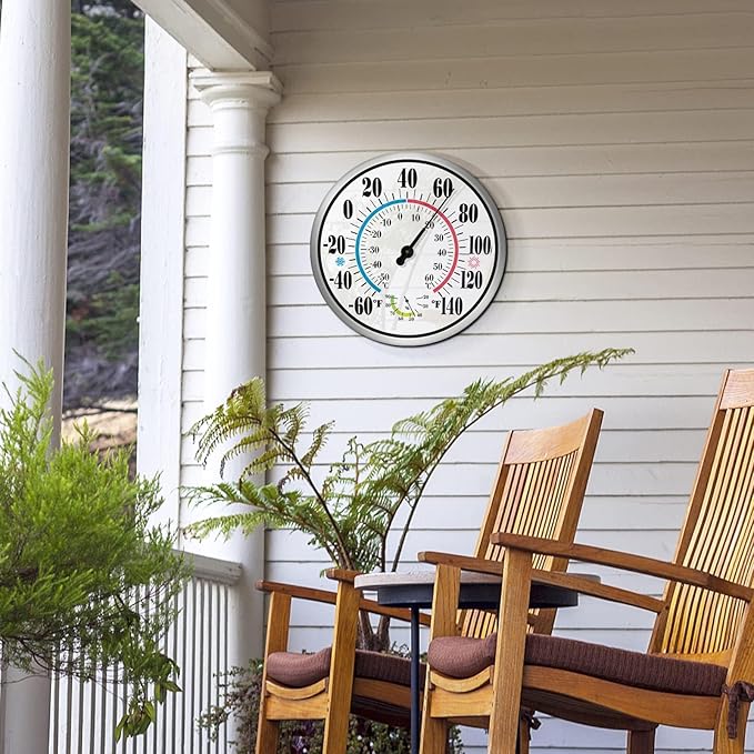 12" Outdoor Thermometer Large Numbers - Decorative Outdoor Thermometers for Patio, Wall Thermometer Hygrometer with Stainless Steel Enclosure, Battery Free Indoor Outdoor Thermometer Hanging