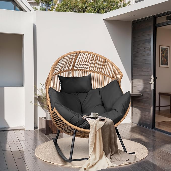 JAMFLY Egg Chair Outdoor Rocking Chairs, Wicker Patio Chair Oversized Lounger Chair with Cushion for Indoor Living Room Bedroom Outside Patio Backyard Balcony, Gray Cushion