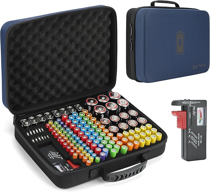 MOSLA Battery Organizer, Waterproof Battery Organizer Storage Case with Tester BT-168 (Dark Blue&Black)