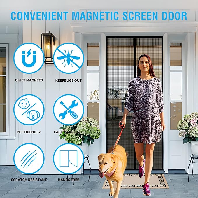 Fiberglass Magnetic Screen Door for 32''x80'' Doors, Screen Size 34"x81" Self-Sealing with Strong Magnets,Anti-Tearing Reinforced Fiberglass Mesh Keeps Bugs Out Perfect for Front,Sliding Doors