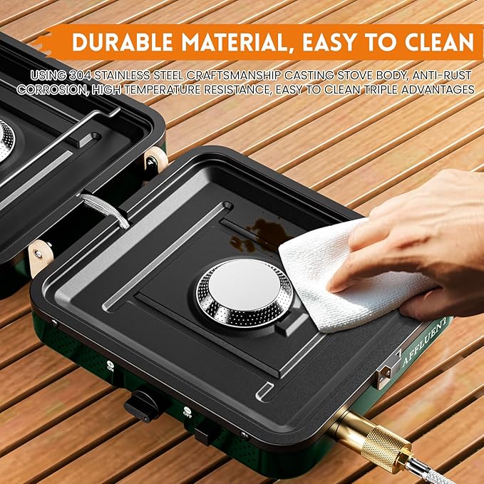 AFFLUENT 2 Burner Propane Camping Stove with Grill and Storage Bag- A Must - Have Camp Stove Propane! Foldable, Featuring Two Adjustable Burners Ideal Portable Camping Stove for Camping & BBQ(Green)