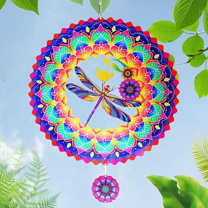 Dragonfly Mandala Wind Spinners Garden Yard Decor Gift for Women Men, 12 Inch Outdoor Metal 3D Wind Spinner, Stainless Steel Hanging Wind Catchers Kinetic Sculpture for Outside Decoration
