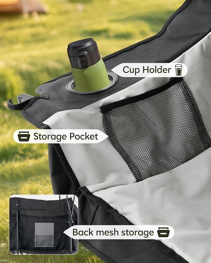 CLIPOP Double Camping Chair with Canopy, Portable Outdoor Folding Chair with Cup Holders, Side Pocket, Oversized Beach Chair with Canopy Shade for Lawn Patio Hiking, Black