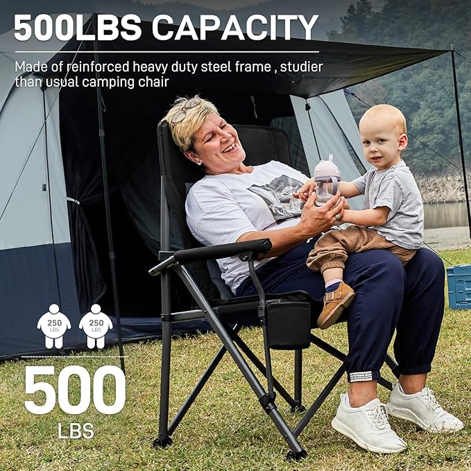 EVER ADVANCED Oversized Folding Camping Chair for Adults, Heavy Duty Lawn Chair with Side Pockets, Portable Collapsible Quad Chair for Outside, Support Up to 500lbs