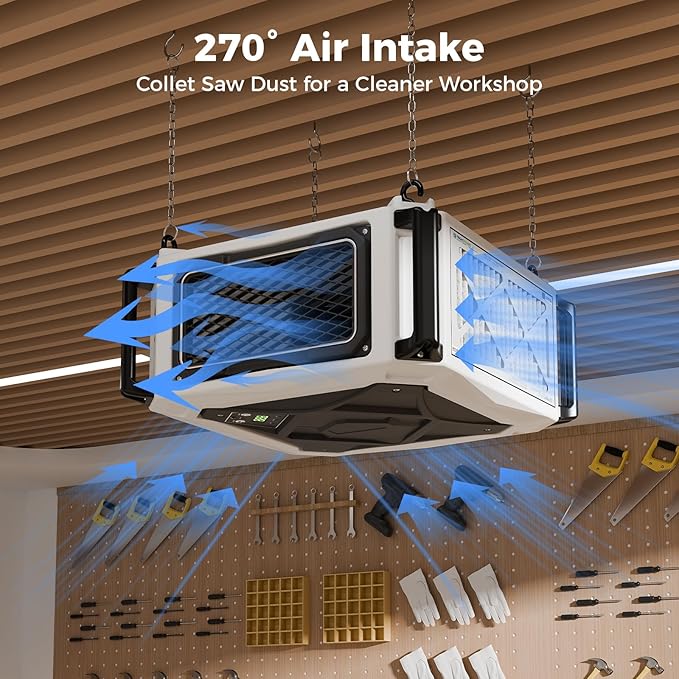 ALORAIR 2 Stage 270° Intake (580/780CFM) Air Filtration Systems Woodworking Built-In Ionizer with Remote Control & Strong Vortex Fan, Hanging Mode for Works Shop, Shop Dust Collectors, Purecare 780IG