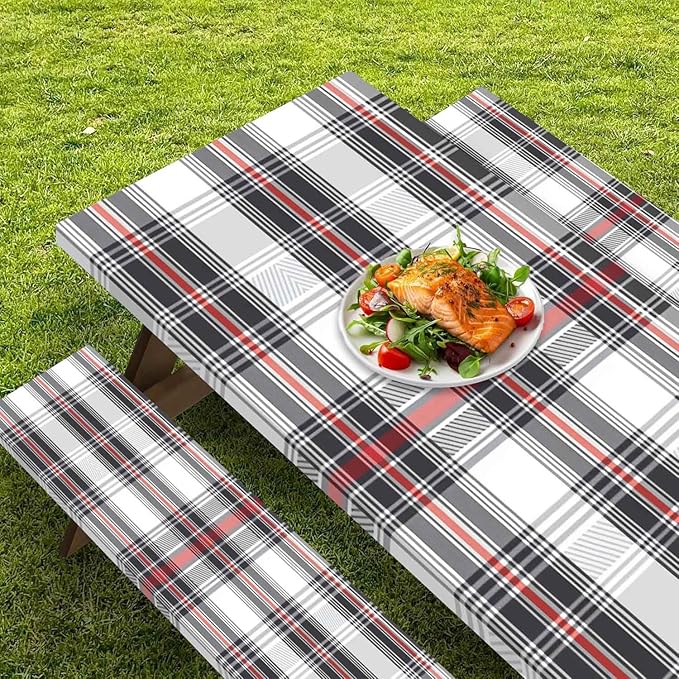 CAPSCEOLL Fitted Picnic Table Cover with Bench Covers with Elastic 8Ft Waterproof Camping Picnic Table Cover Cloths for Outdoors Camping Tablecloth with Drawstring Bag, 96X30in, Grey Red
