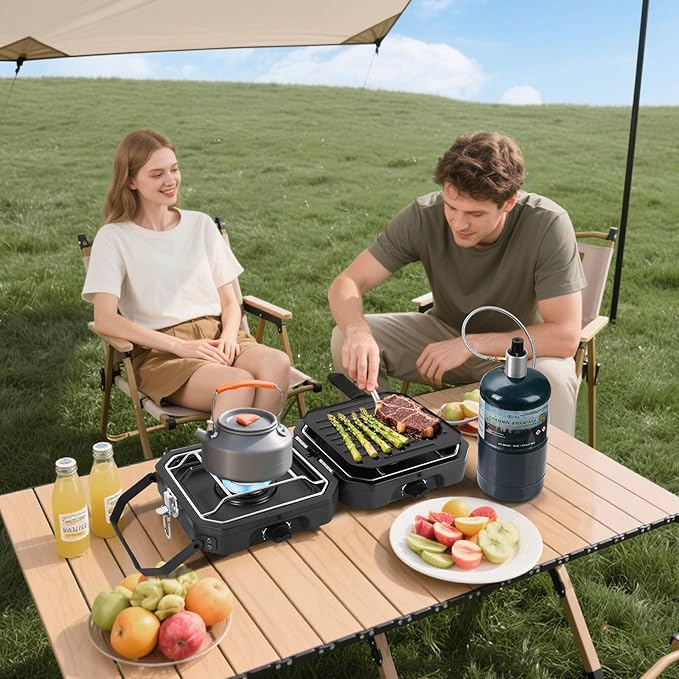Dollate 2-Burner Propane Stove with Griddle and Carrying Bag, Portable Foldable Camping Stove with 2 Adjustable Burners 16000 BTUs,for Camping Tailgating Essentials Gear (Black)