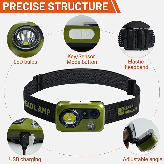 Himalaya LED Headlamp Flashlight, Green Head Lamp with White Red Light, Lightweight Waterproof IPX64 Headlight with Comfortable Headband for Camping Hiking Running Work Travel