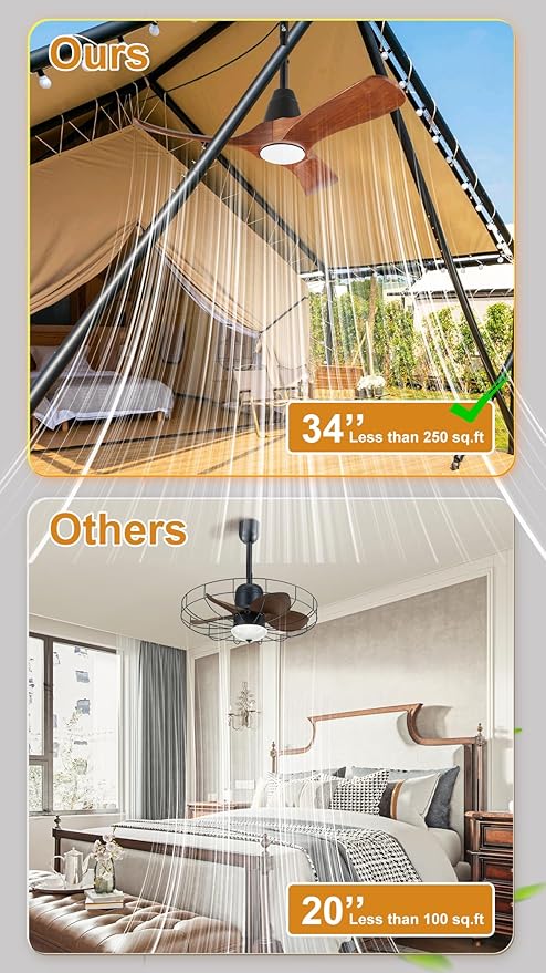 3 Blades Wood Outdoor Ceiling Fan with Light for Patios, Farmhouse Rustic Ceiling Fans with Lights, 34" Plug-in Wet Rated Outdoor Gazebo Fan for Exterior House Porch Patio, Waterproof,F246