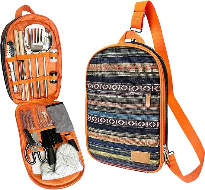 Camping Cooking Utensils Set - Camping Utensil Set Car Camping Cooking Essentials Gear for Camp Kitchen Cooking and Grilling, Stainless Steel & Silicone Ideal Gift for RV Tent Camper