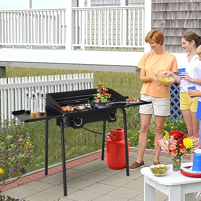 Bonnlo 2 Burners Propane Gas Stove, 150,000 BTU Portable Outdoor Camp Cooker Stove with Regulator, Side Shelves, Foldable Windpanel, Adjustable Height & Carrying Bag for Backyard, Camping, Tailgating