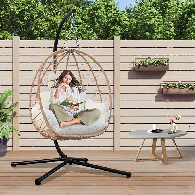 Egg Chair with Stand, Uv-Proof Pe Wicker Hanging Chair for Outdoor Patio, Cushioned Hammock Swing for Bedroom Garden Indoor/Outdoor, Double-Zipper Structure Hanging Egg Chair (Yellow and White)