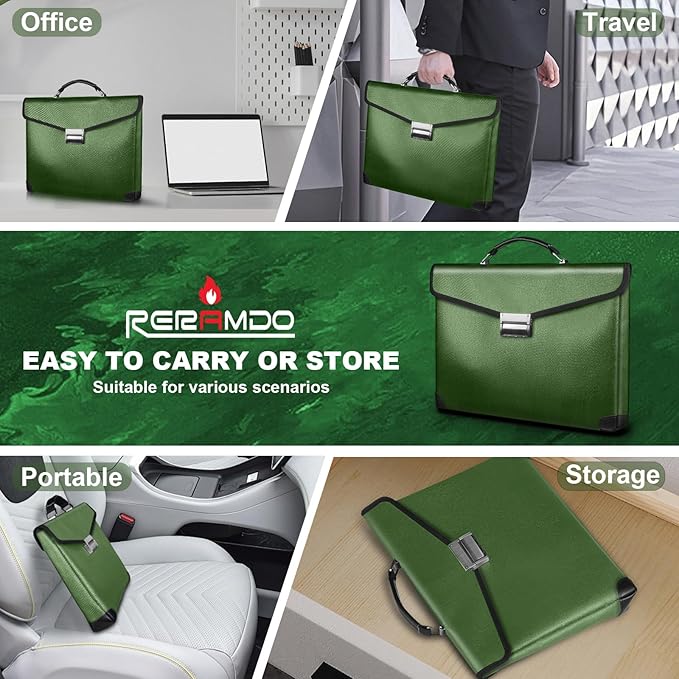 Fireproof Document Bag 14.5"X11"X2.5" Fireproof Money Bag for Cash With Lock and Zipper,Fire&Waterproof Storage Organizer Pouch for Valuables,Legal Document,Laptop,Passport,(Green)