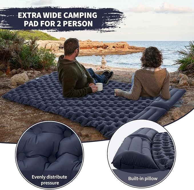 Camping Double Sleeping Pad,Ultralight Self Inflating Sleeping Mat for 2 Person with Pillow Built-in Foot Pump,Portable Camping Air Mat for Backpacking, Hiking, Traveling, Tent