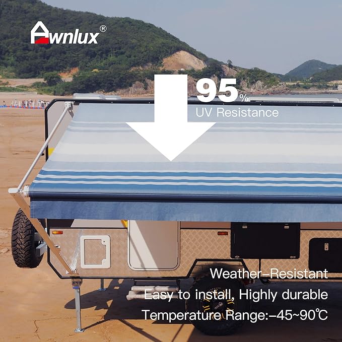 AWNLUX RV Awning Fabric Replacement Waterproof Vinyl Shade Screen for Awnings Camping Universal Fit Fabric Sun Shade UV Sun Blocker Canopy RV Awning Shade Shelter Blue Strip-19'(Fabric 18'2")