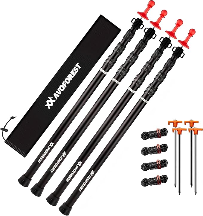 Tarp Poles Heavy Duty Adjustable, AVOFOREST Aviation Aluminum 8.7FT Tent Poles Lengthen and Thicken with Protection Cap Awning Poles Set of 4 for Hiking
