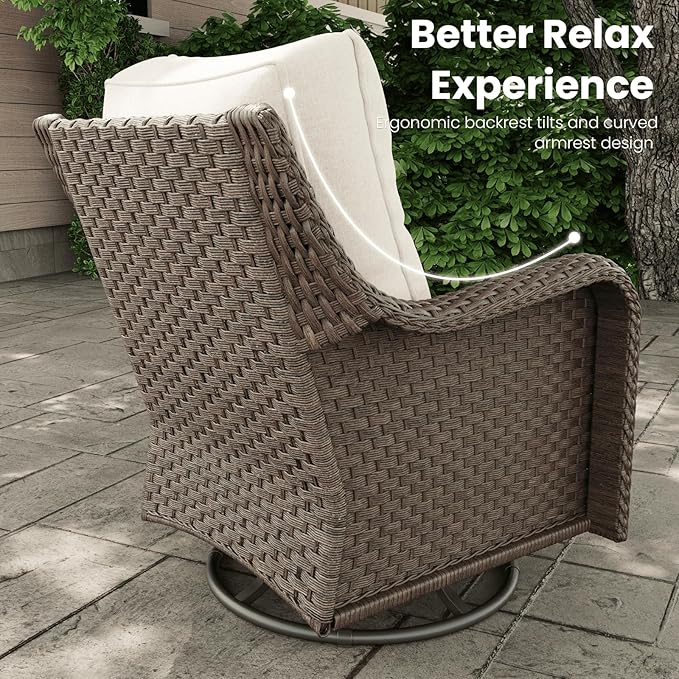 9 Pieces Outdoor Patio Furniture Sets with Rocking Swivel Chairs with 6-inch Thick Cushion and Side Table for Deck Lawn