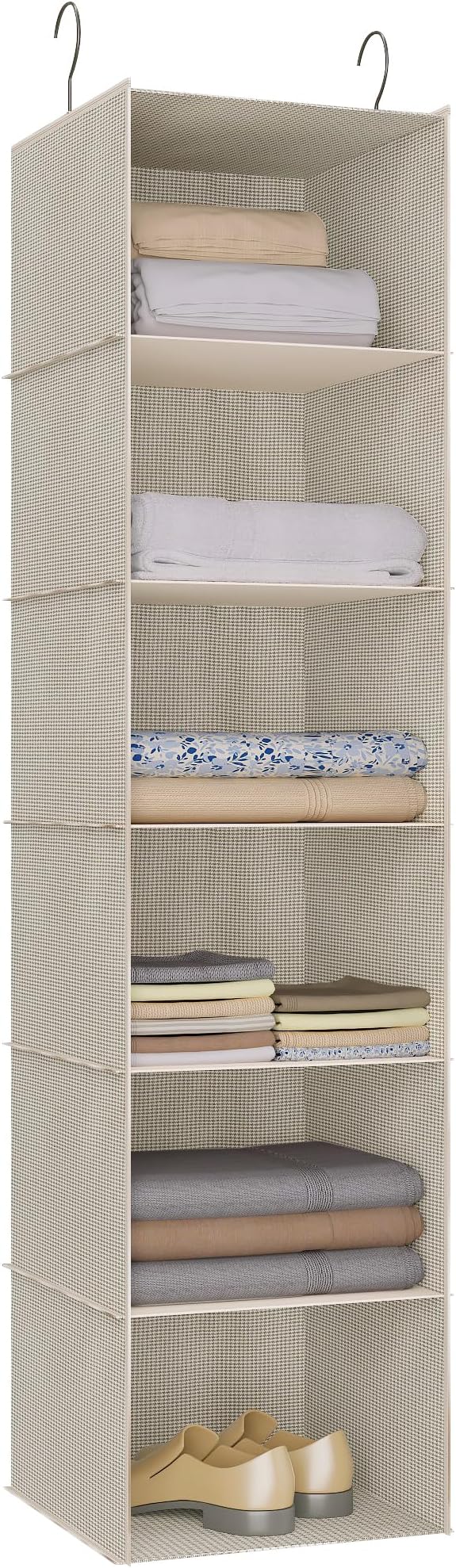 Hanging Closet Organizer, Easy Mount Foldable 6-Shelf Hanging Closet Wardrobe Storage Shelves, Clothes Handbag Shoes Accessories Storage, Imitation Linen Fabric, Beige Houndstooth