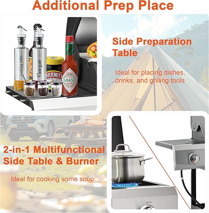 3-Burner BBQ Propane Gas Grill with Side Burner, 40,500 BTU Stainless Steel Patio Barbecue Grill with Storage Rack, Tool Hooks & Bottle Opener, for Camping, Outdoor Cooking (Style2)