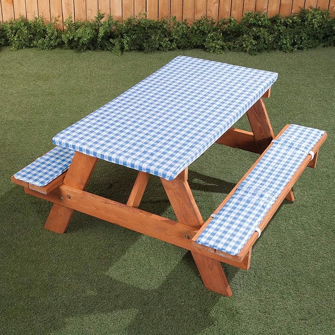 Fox Valley Traders Deluxe Picnic Table Cover with Cushions, 3-Piece Set, Cornflower Blue Gingham