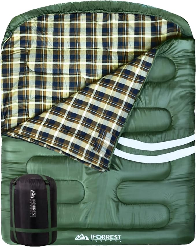 IFORREST Cotton Flannel Double Sleeping Bag for Adults - 2-Person 10°F Cold Weather Camping Bed - Extra-Wide & Warm Queen-Size XXL