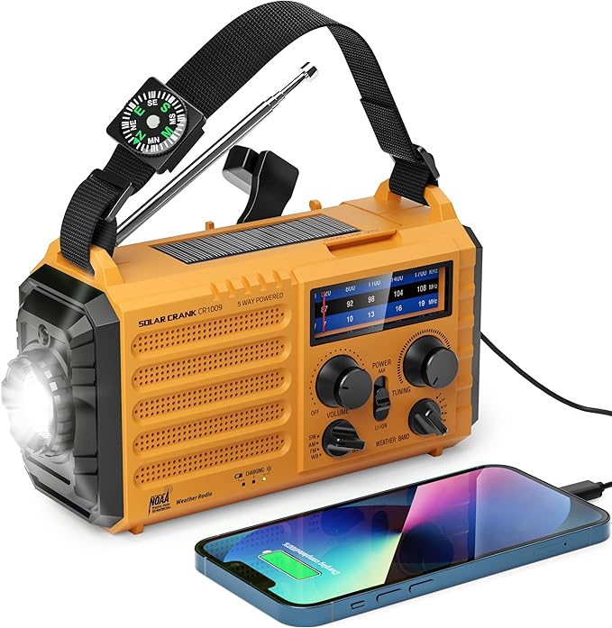 Emergency Weather Radio – 5-Way Powered NOAA Solar Hand Crank, AM/FM/SW, 18500mWh Power Bank, LED Flashlight, SOS Alarm – Portable Survival Radio for Power Outages & Storms (Yellow)