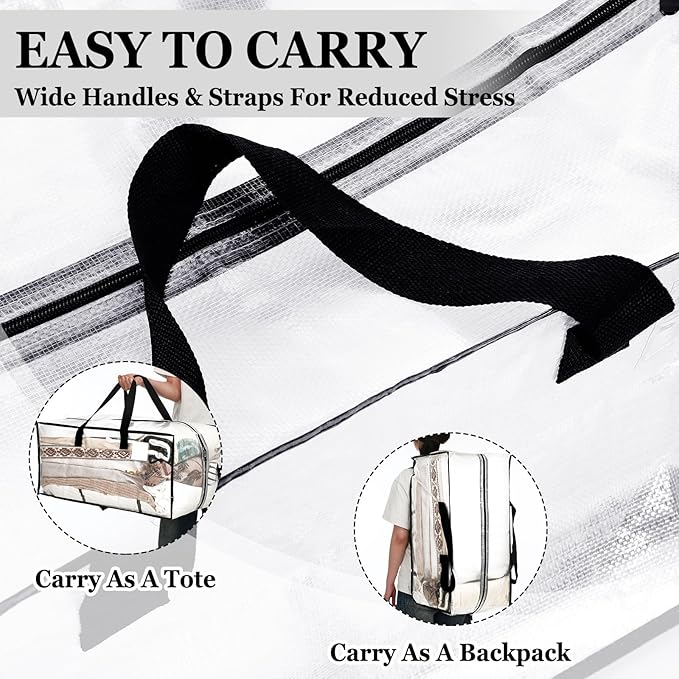 4 Pcs 24 Gallon Large Moving Bags with Zipper and Handles Foldable Storage Duffle Bags Heavy Duty Extra Large Totes for College Dorm Travel Clothes Blankets Bedding Moving (Clear)