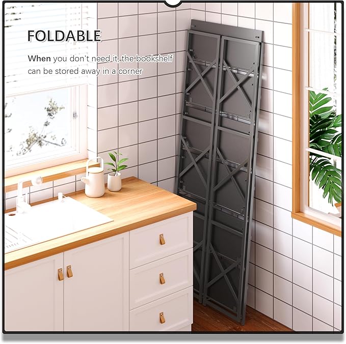 4NM 6 Tiers No Assembly Book Shelves, 61.8" H Folding Bookshelf Bookcase Open Industrial Foldable Shelves for Bedroom, Living Room, Home Office - All Black