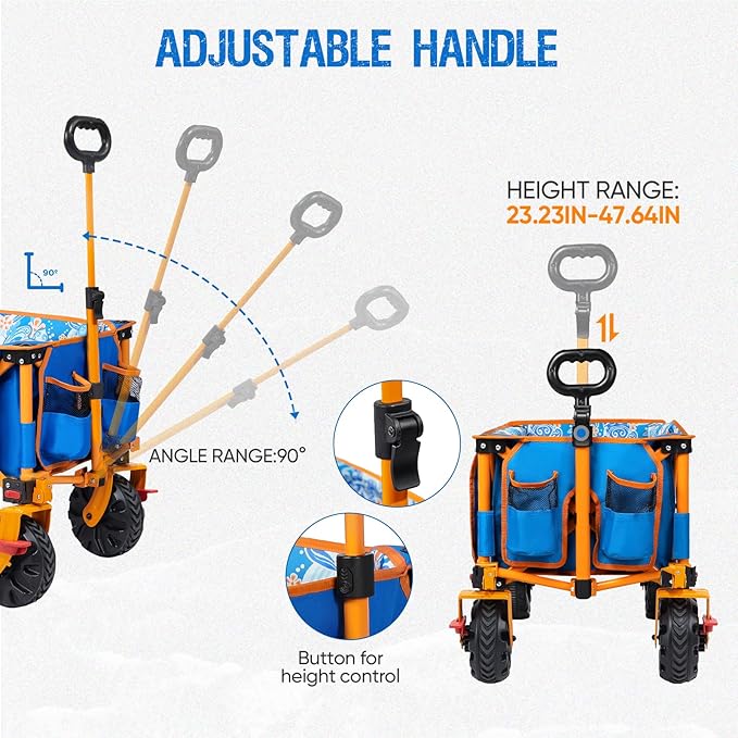 49" L Extra Long Beach Wagon with Tailgate,Big Wheels with Brake for Sand, Collapsible Utility Beach Cart Heavy Duty Folding Wagon,Ideal for Outdoor Sand Camping Garden Pet