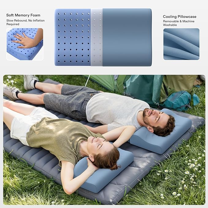 Camping Pillows for Sleeping - Memory Foam Travel Pillow 2 Heights Use - Small Travel Pillow for Camping, Hiking, Backpacking with Storage Bag (Blue)